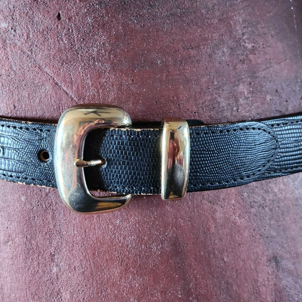 Nan Lewis Croc Embossed Black Belt With Gold Hardware 1" Wide 38" Size 14/16 - Picture 2 of 7